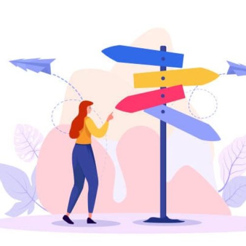 Advice for direction and business or personal solution guidance tiny person concept. Assistance for destination choice and searching for self development path vector illustration. Lost and confused.